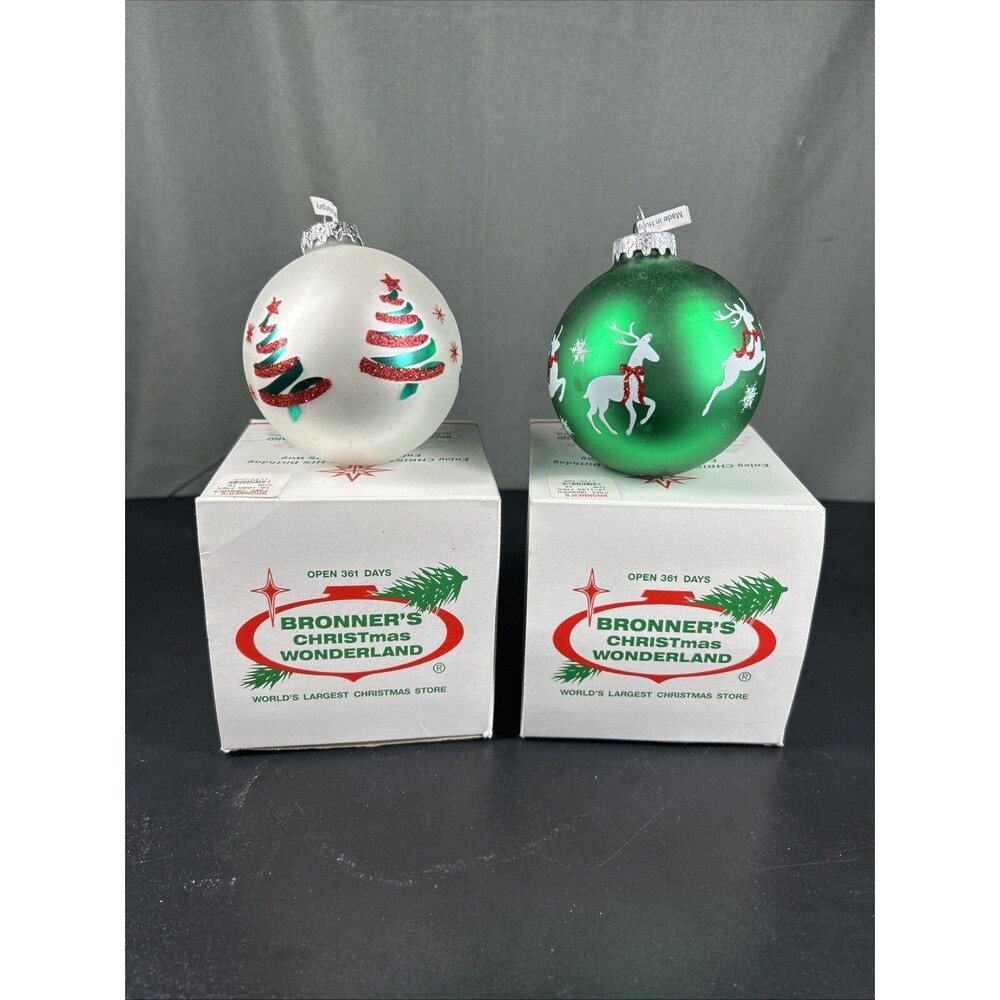 Bronner's Glass Christmas Ornament Lot White Green Tree Reindeer Made in Hungary